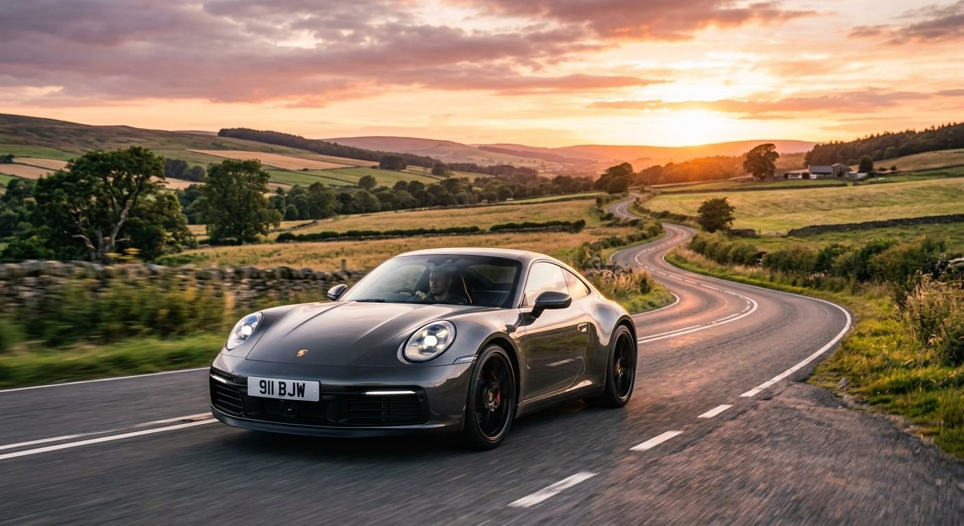 Porsche on country road at sunset